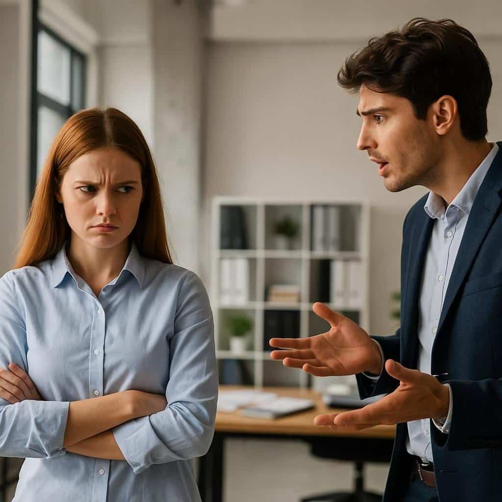 Joven trabajadora con expresión de frustración frente a su jefe en una oficina moderna, simbolizando la renuncia emocional de la Generación Z